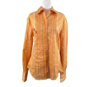 Vintage Flatiron Workshop 12 Snap Front Striped Blouse Orange Pink Shimmer USA
